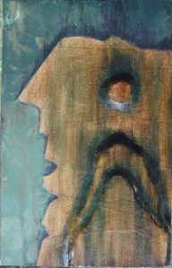 • mixed media, acrylic, papier mache on wood, 24in. by 16in.